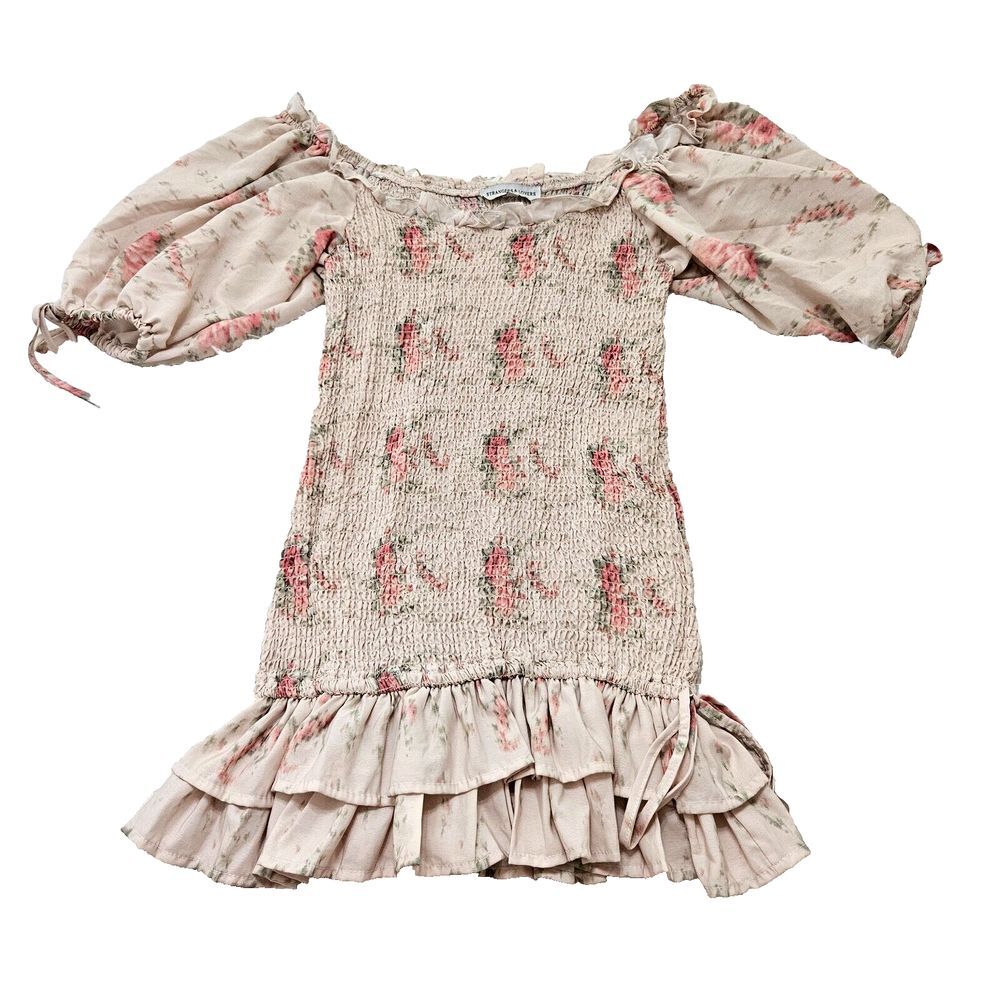 Strangers & Lovers Women's Smocked Bodice Puff Sleeve Drop Waist Mini Dress Sz M - Picture 2 of 10